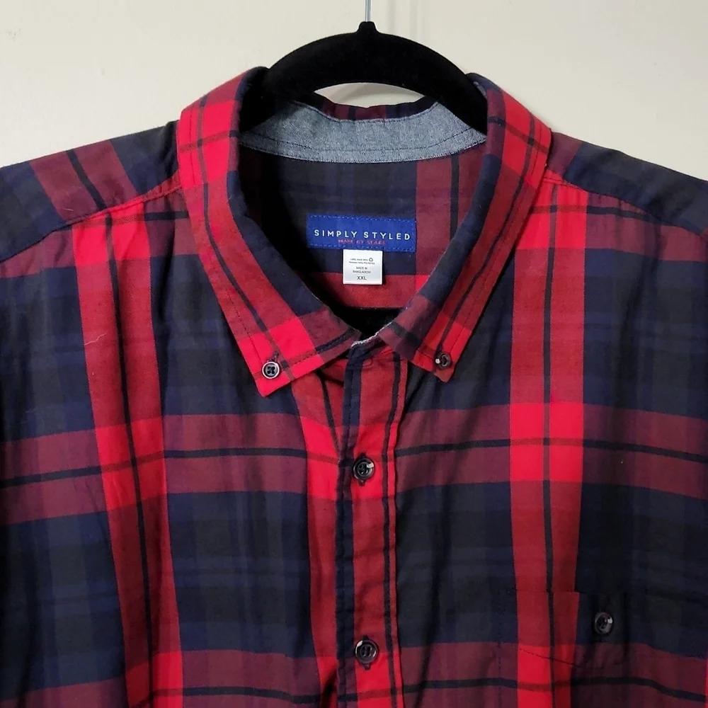 Men’s Simply Styled Red and Navy Plaid Button-Up Shirt - Picture 3 of 11